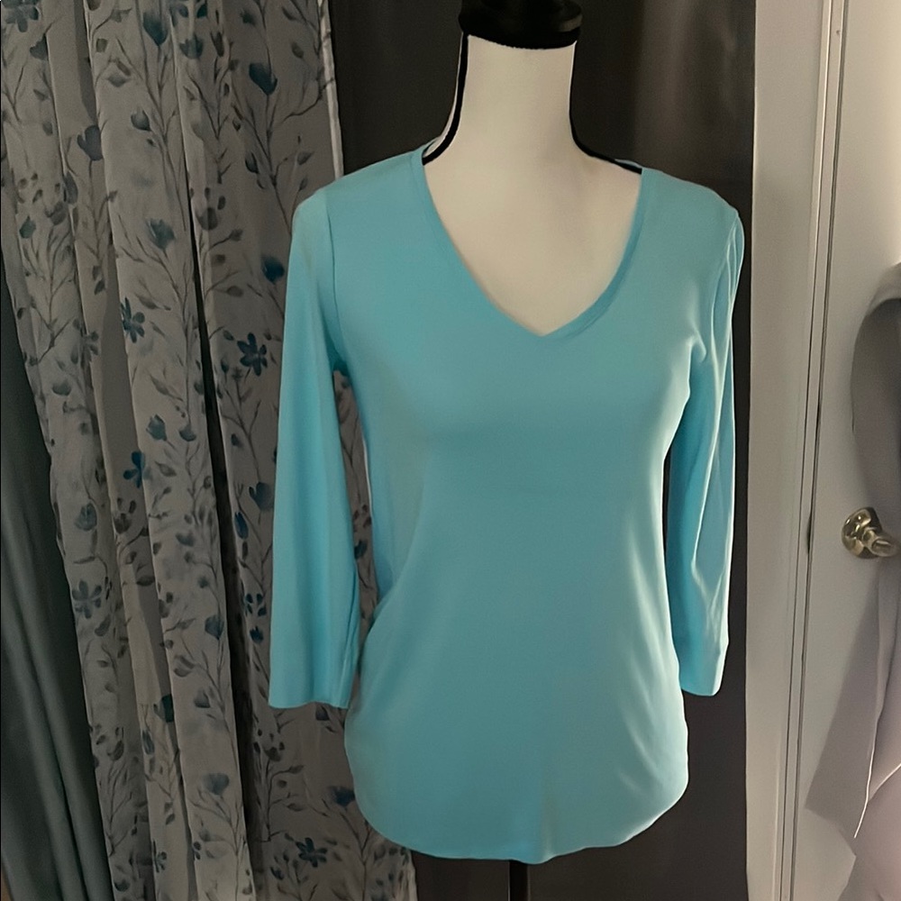 Chico's Blue Fitted Blouse with 3/4 Sleeves
